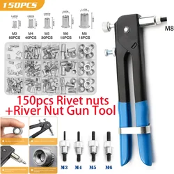 150PCS Flat Head Threaded Rivet Nuts Set +Riveter Gun+5PCS Nut Rivet Mandrels Repair Hand Tools Assortment Kit M3/M4/M5/M6/M8