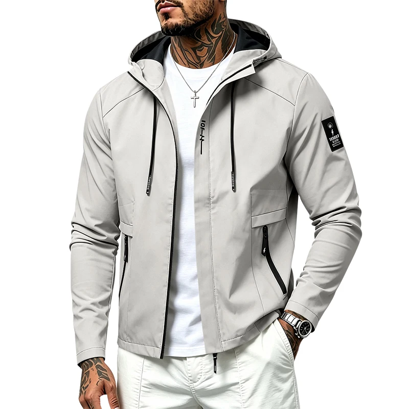 Men's Single-Piece Spring and Autumn Casual Loose Hooded Windbreaker Jacket, Full-Zip Windproof Coat with Adjustable Zip Pocket