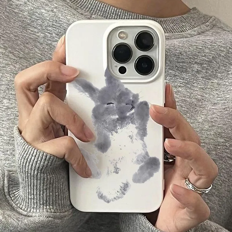 Tinta e lavagem pintura coelho arte design caso de telefone para iphone 16 15 14 13 12 11 pro max xs xr 8 plus filme brilhante capa dura para pc