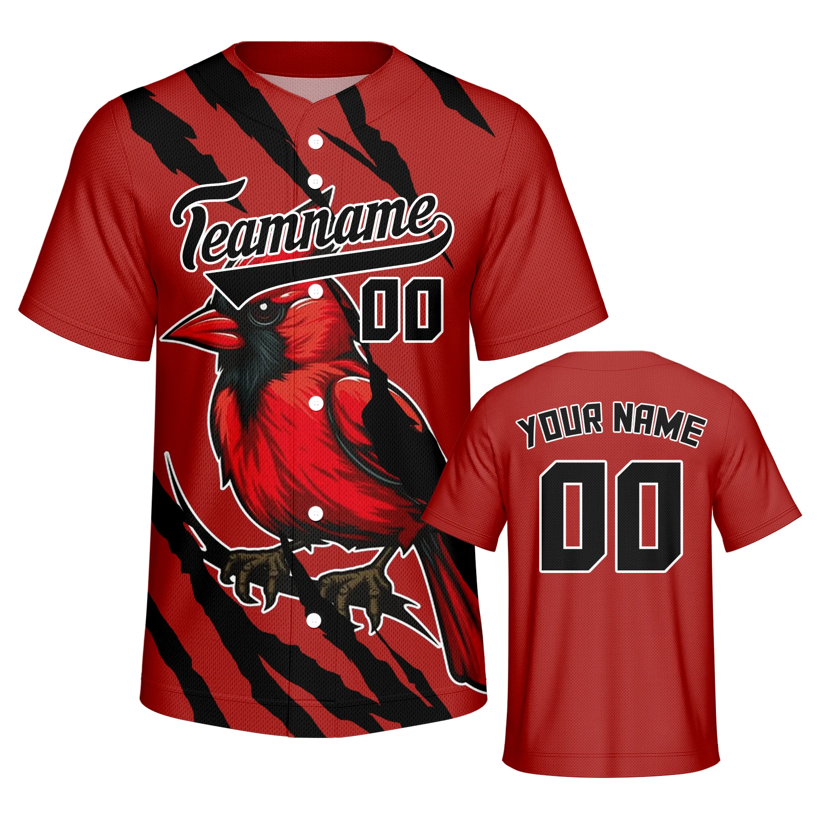 Custom Red Baseball Jersey with Bird and Claw Scratch Graphic Personalized Name Number Logo Shirt Men Women Youth Streetwear