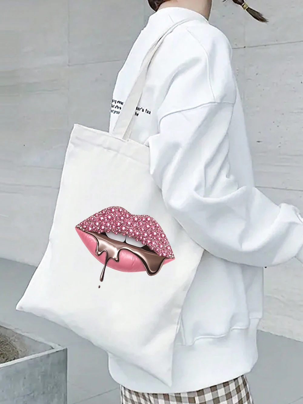 Pink Rhinestone Lips Dripping Chocolate Canvas Tote Bag Sparkle Bling  Print Reusable Shoulder Bag Glam Fashion Shopping Handbag