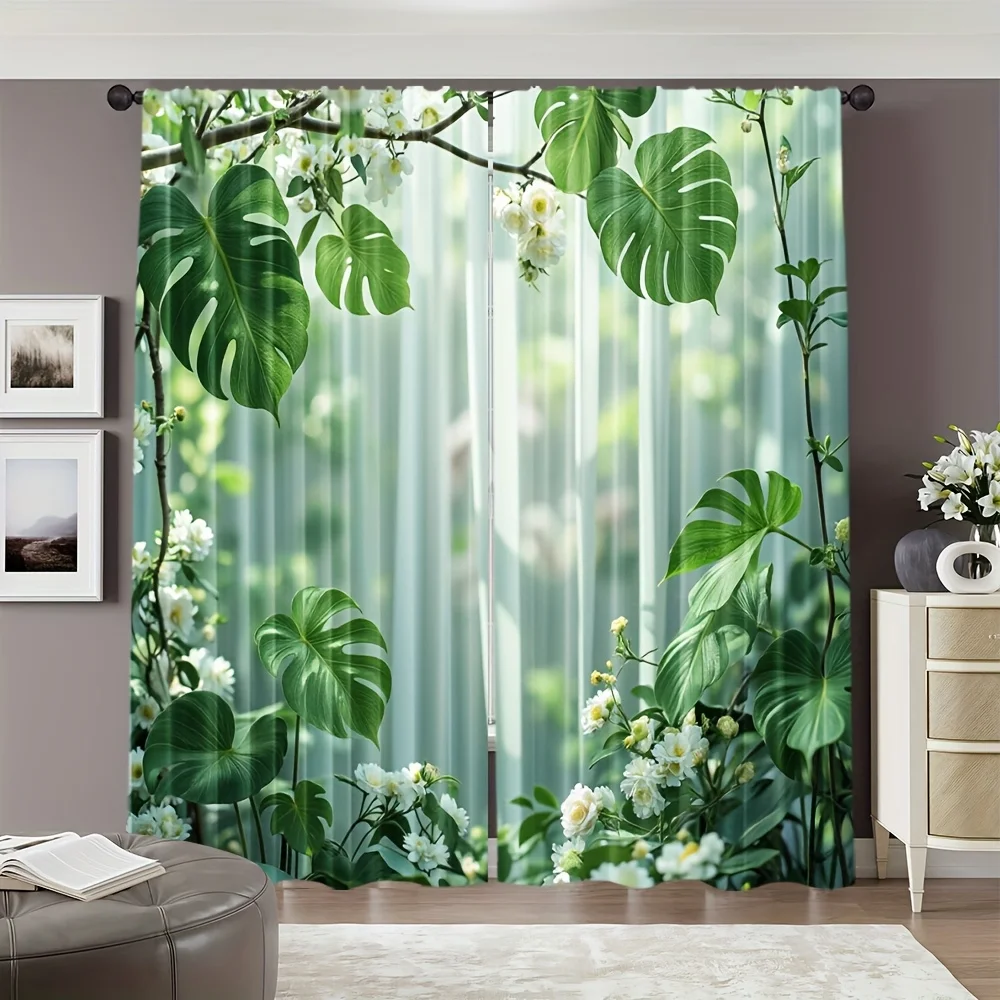 Tropical Jungle Curtain Sheer Greenery Leaves Floral Print Drapes Waterproof Privacy Window Curtain Home Decor Sunlight Filterin
