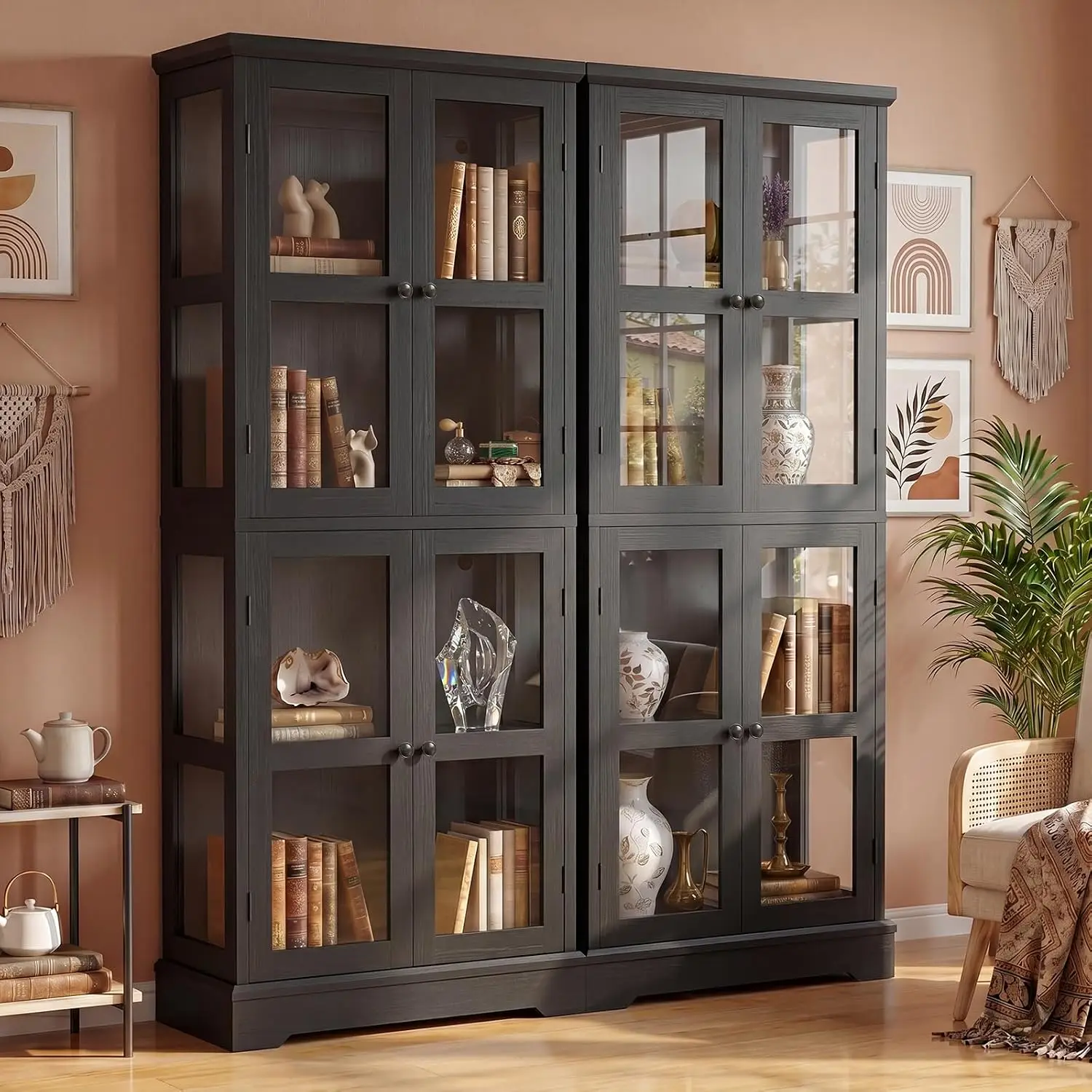 LED Bookcase Glass Doors & Storage Shelves, Display Cabinet for Books & Collectibles, Living Room Curio, 68", Customized view 6
