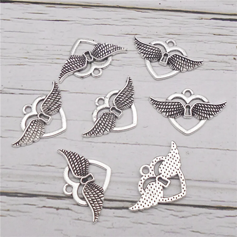 Julie Wang 18PCS Antique Silver Color Heart Angle Wing Charms Alloy Pendant Necklace Bracelet Jewelry Making Accessory