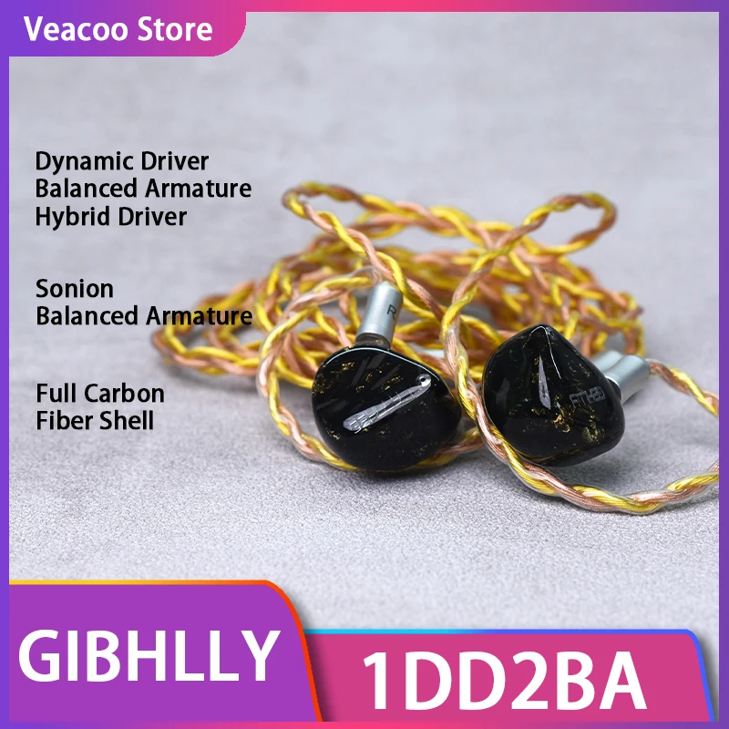 Full Carbon Fiber Shell Inlaid with Gold Foil 1 Dynamic Driver 2 Balanced Armature Hybrid In-Ear Flagship HIFI Earphones