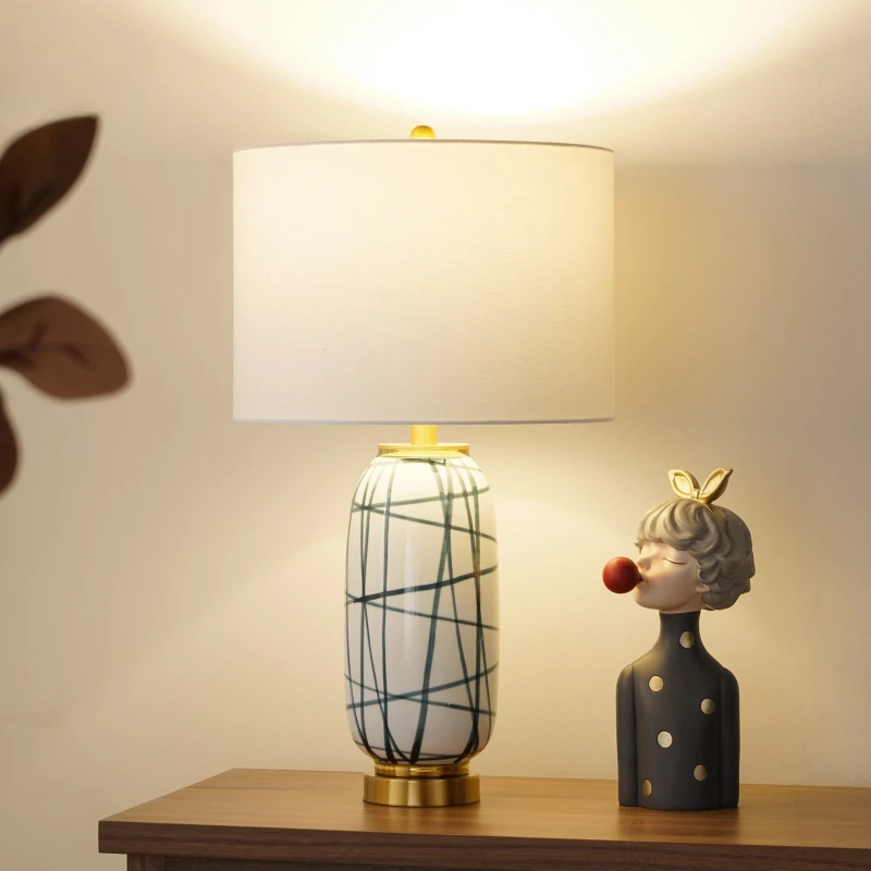 Medieval Luxury Stripe Ceramic Floor Lights White Fabric Lampshade Living Room Bedroom Study Villa Hotel Bedside LED Table Lamps
