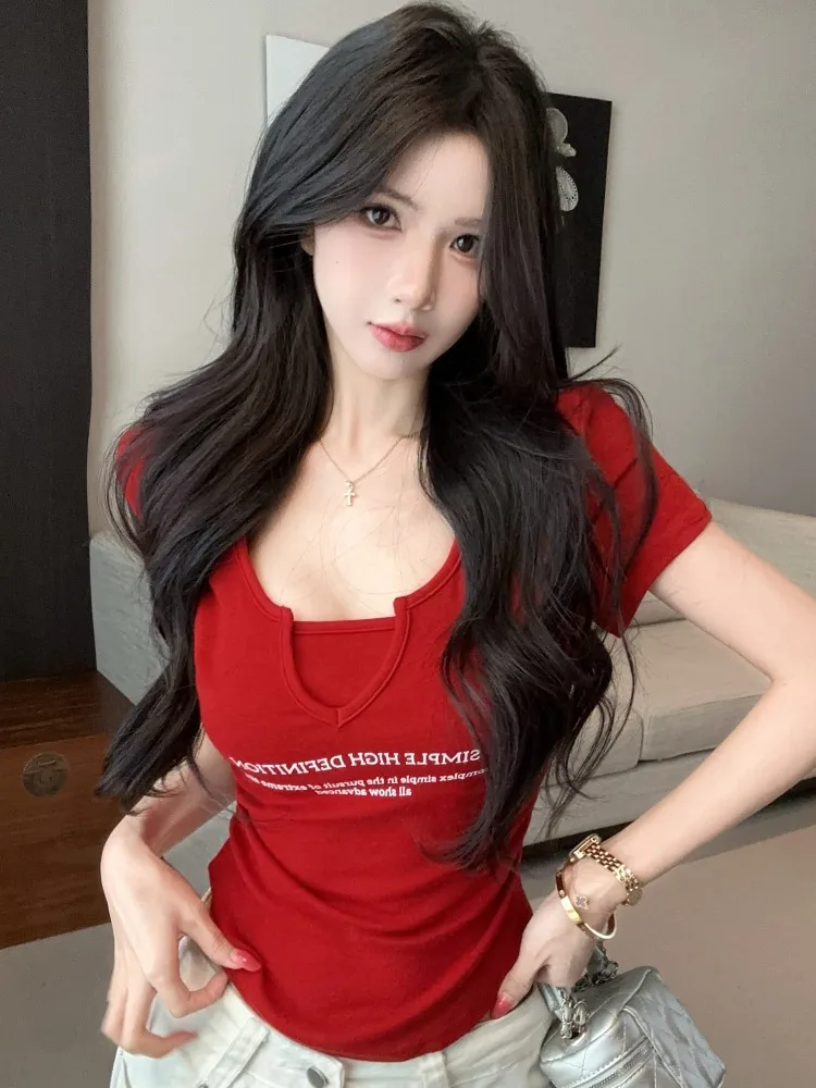 

Korean Style Short Sleeve T-Shirt Women's V-Neck Padded Shoulder Letter Print Slimming Summer New Fashion Top City Walk Cotto...
