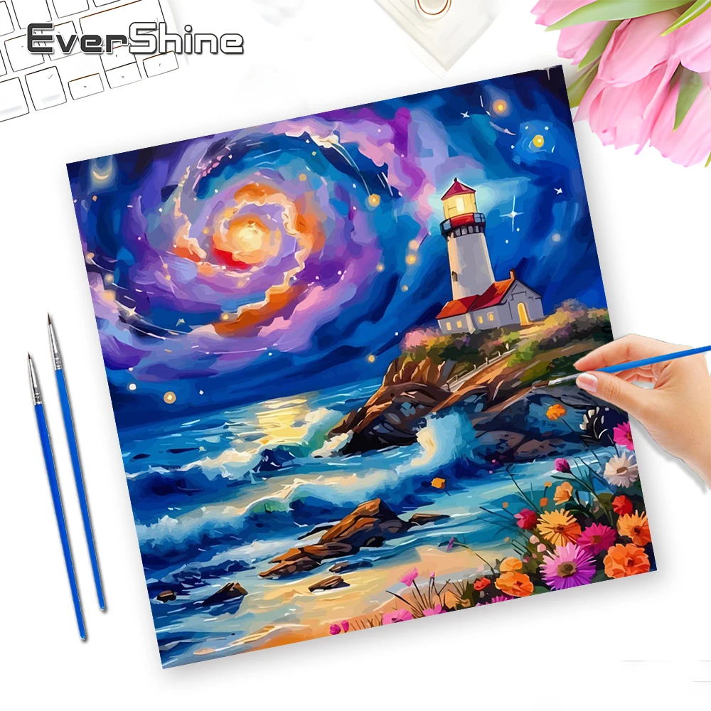 Evershine Malen nach Zahlen, Cartoon-Kunst, Leinwand, Malerei, Leuchtturm, ohne Rahmen, Ölgemälde, Wanddekoration am Meer