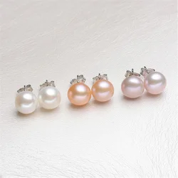 5pair/lot 4A 925 Sterling Silver Natural Freshwater Button Pearl Stud Earrings Round Wedding Jewelry Party Gifts for Lady