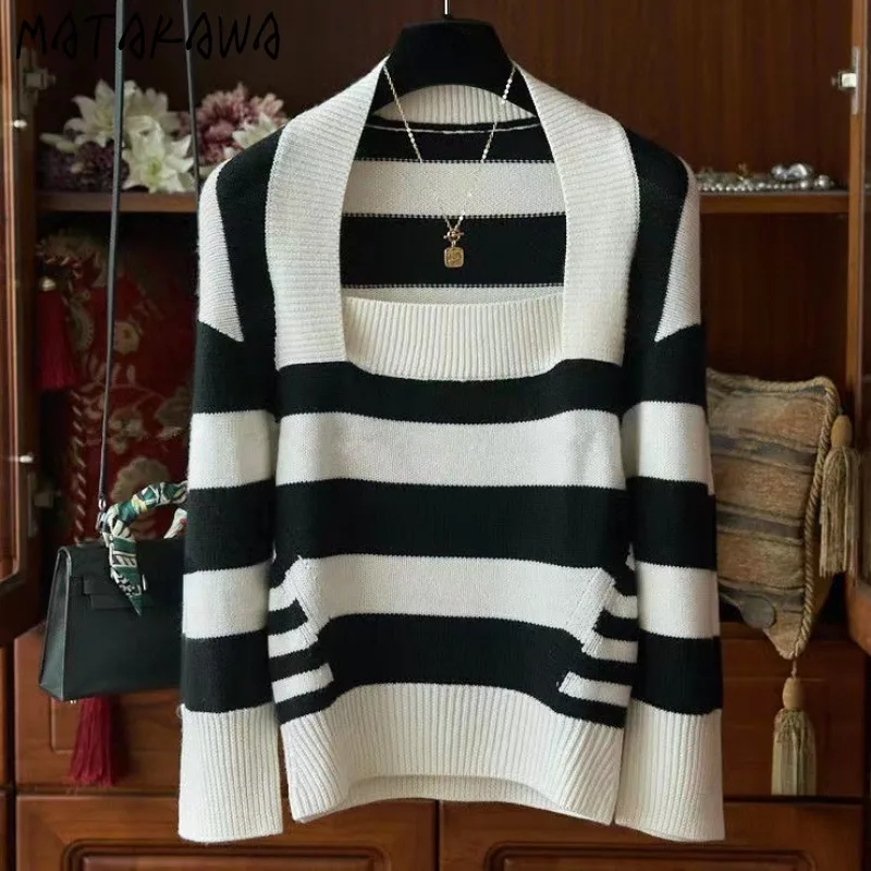 Matakawa Striped Autumn Winter Clothes Women Sweaters Square Neck Vintage Pull Femme Korean Fashion Contrast Color Pullovers