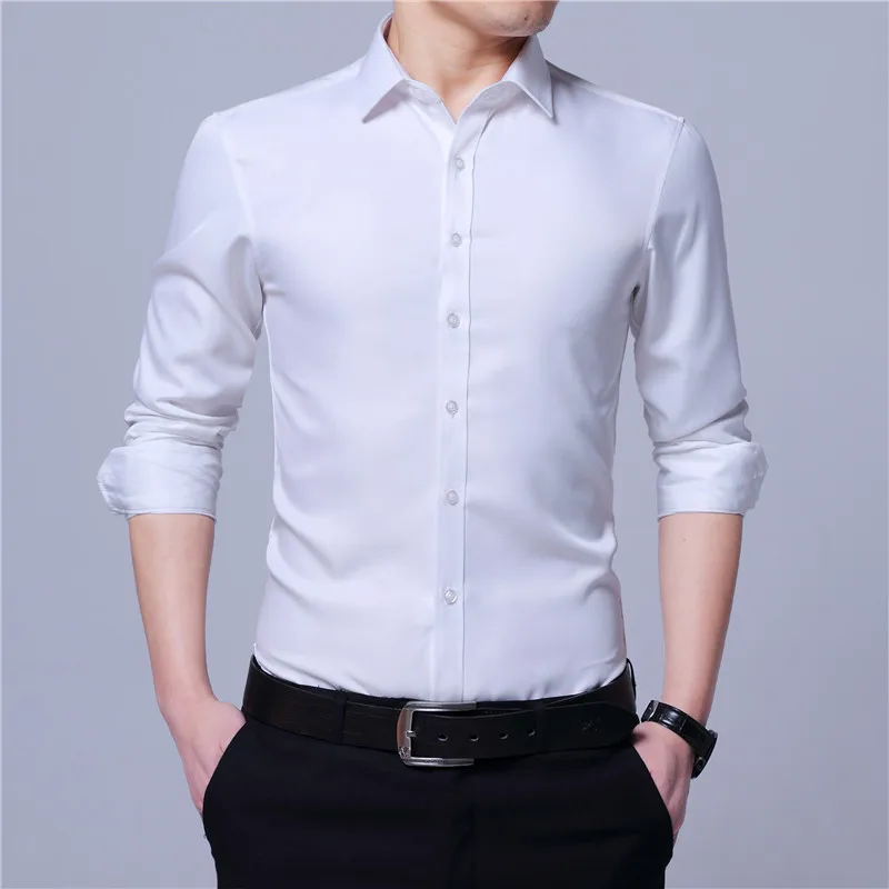 Formal Solid Color Slim Shirts Long Sleeve Spring Autumn Turn-down Collar Men's Clothing Commute Single-breasted Basic Shirts