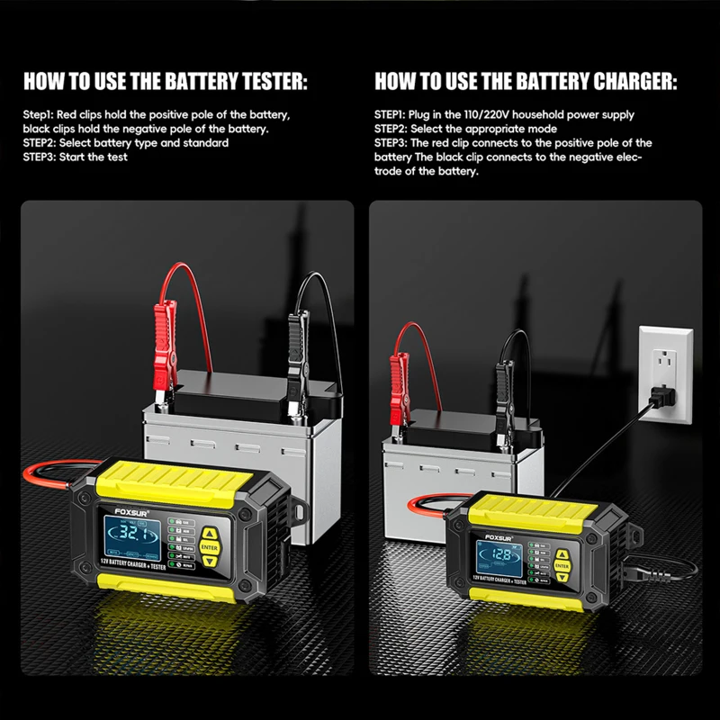 FOXSUR 12V 6-Amp Battery Charger /Tester for Motorcycle Car Battery Charger /Tester Support Car Battery Health Check and Repair