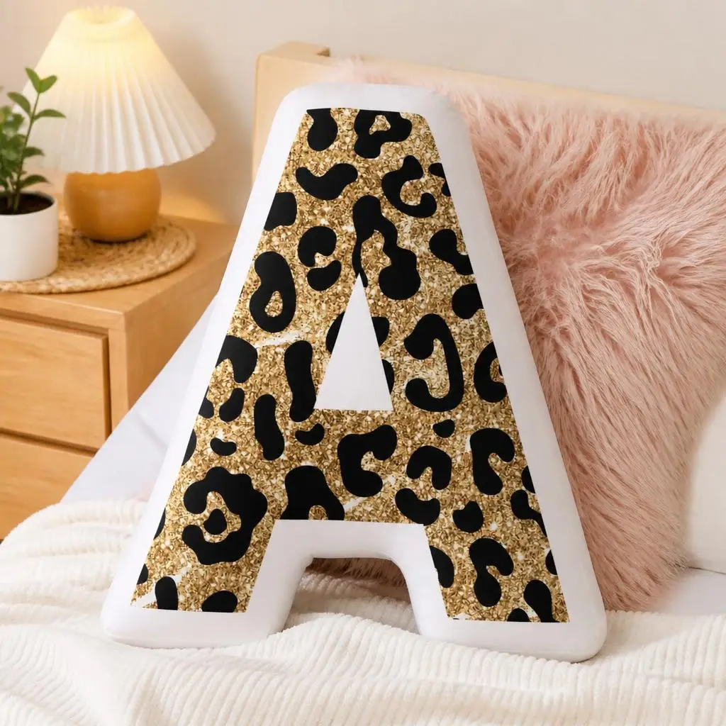 Metallic Gold Leopard Print Letter A Shaped Plush Pillow Initial Cushion Decorative Throw Pillow Housewarming Gift Home Decor