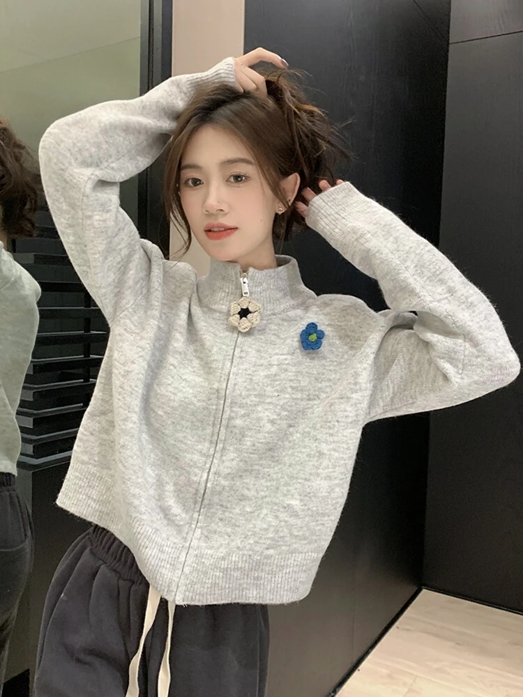 

Уникальное вязаное пальто на молнии для глаз с высоким воротником для женщин, ранняя осень, свободное пальто для похудения, эффективное ощущение неисправностей