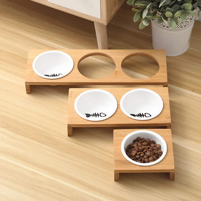 Minimalist Protection Of Pet Products For Cervical Spine Bamboo Frame Ceramic Cat And Dog Eating Bowl