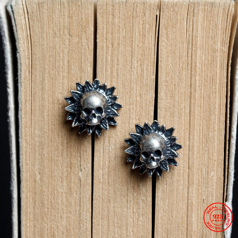 YIZIZAI 925 Sterling Silver Punk Oxidized Black Gothic Style Skull Sun Flower Stud Earring Unisex Style Punk  Ear Studs