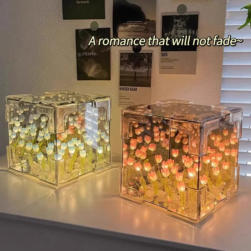 Diy Tulip 꽃 해양 재료 포장 꽃 모양 20/30 꽃 수제 배터리 침대 옆 분홍색 친구 램프 유리 스탠드 선물