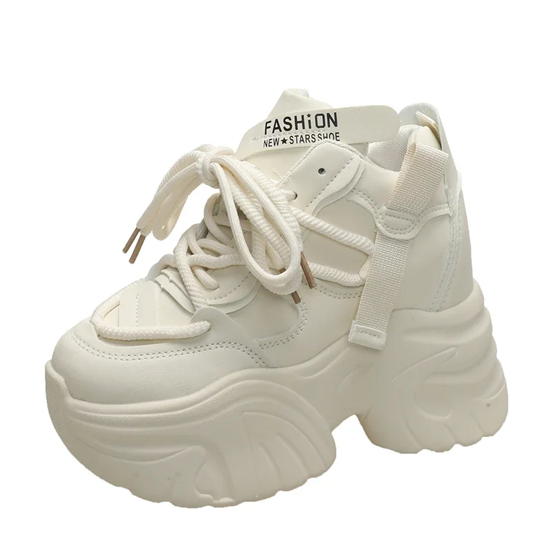 

High Platform Chunky Shoes Breathable Leather 10CM Winter Wedge Heels Casual Women Walking Sneakers Autumn Lace-up