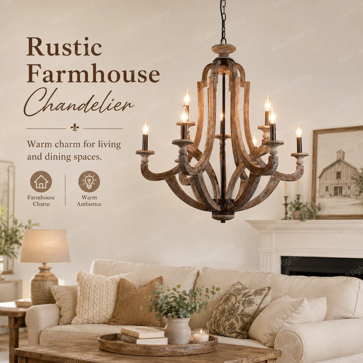 Rustic Farmhouse Wood Pendant Light Fixture Adjustable Chain Oak Wood and Metal Pendant Lighting for Kitchen Island Sink Hallway