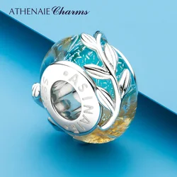 ATHENAIE Olive Leaf Genuine Murano Glass Charm Bead with 925 Sterling Silver Core,Green Color fits European Bracelet for Women