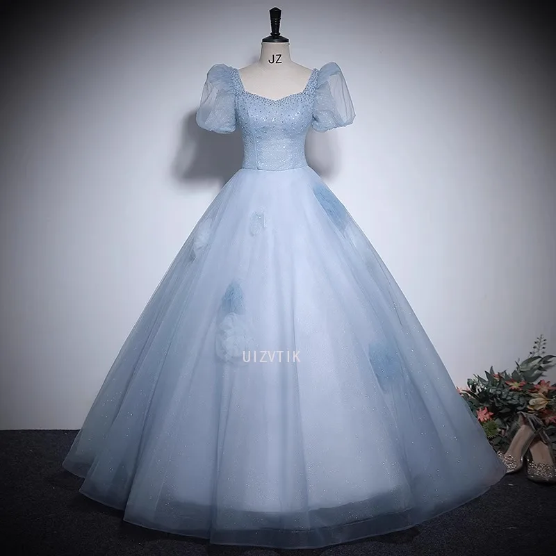 فستان حفلة موسيقية من التول الأزرق الأميرة ألف خط فساتين الأداء للنساء طول الأرض ثوب عيد ميلاد 15 Quinceañera ثوب التخرج