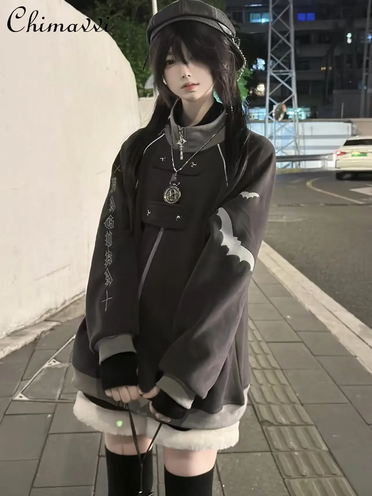 

Fashion Velvet Stand-up Collar Subculture Cat Ear Hooded Sweatshirt Jacket Original Gothic Long-sleeved Loose Warm Elegant Coat