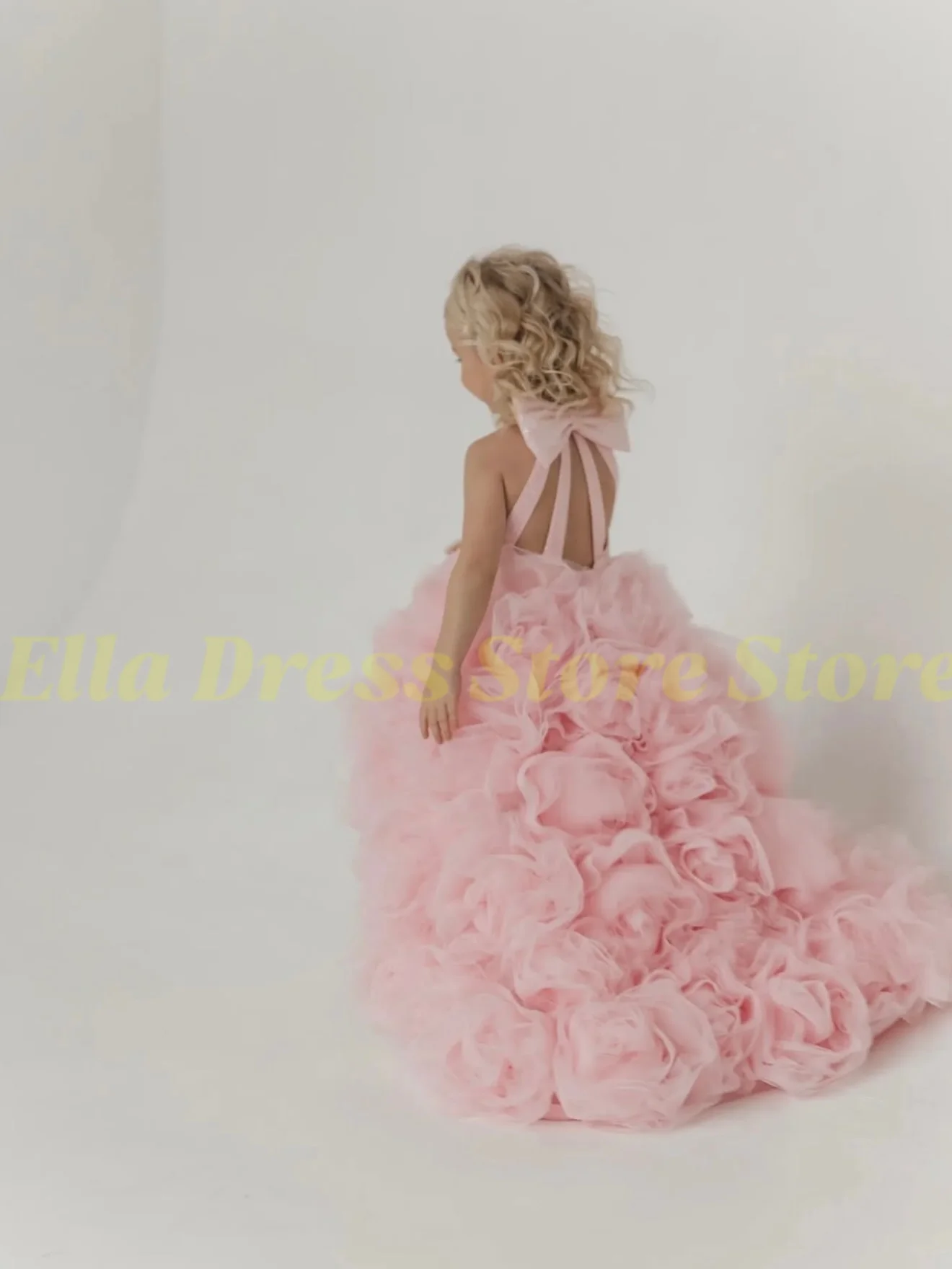 Maßgefertigtes Großhandels-Luxuskleid für Blumenmädchen, Hochzeit, Festzug, Rosa Glänzendes 3D-Rosen-Tüllkleid für Geburtstag, Gast, Formelle Laufsteg-Show, Ballkleid – Detail 1