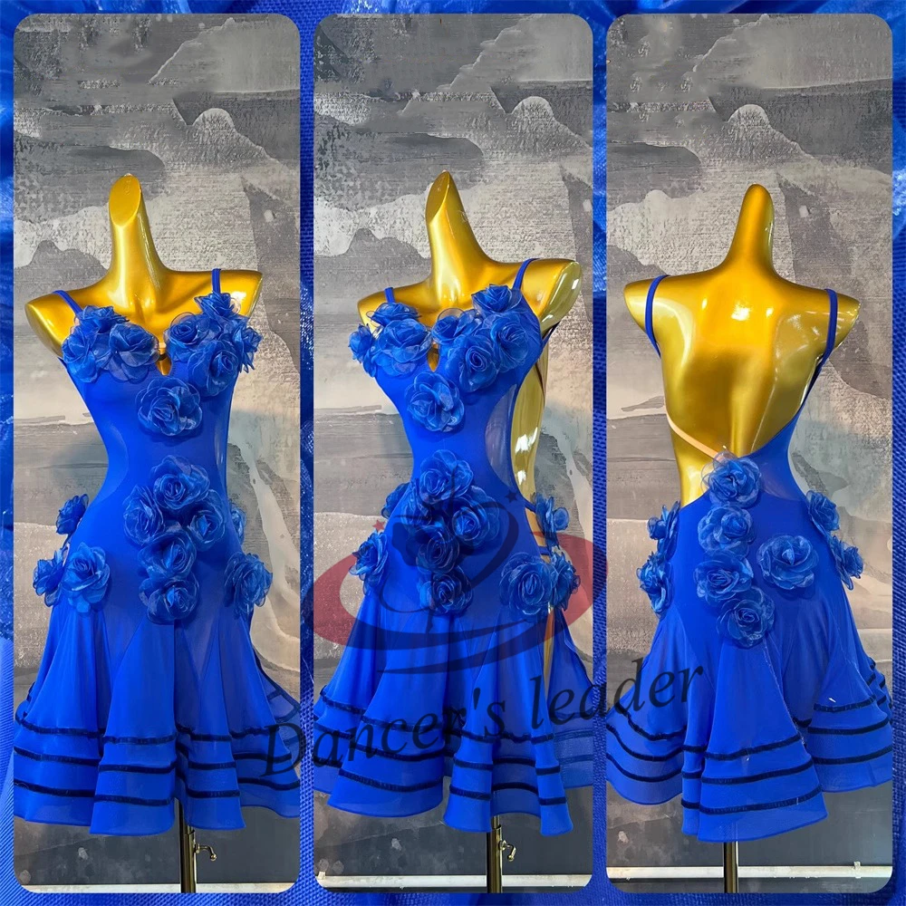 Vestido azul de dança latina personalizado feminino, roupa profissional de palco para Cha Cha Cha Cha Tango e Flor, vestido adulto de alta qualidade