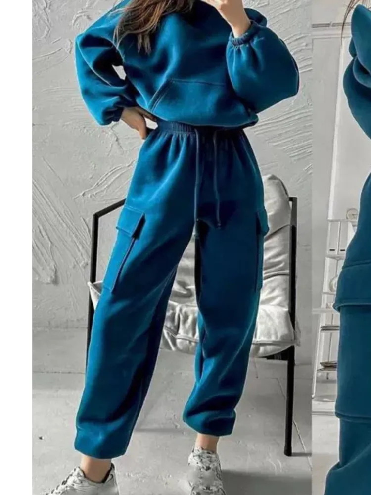 

Повседневные спортивные комплекты с капюшоном, женская мода, однотонные топы с капюшоном и длинными рукавами + брюки с высокой талией, комплект из 2 предметов для женщин, осенний новый