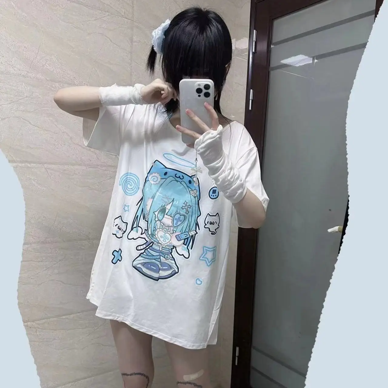 

Футболка Cute Girl Waste Home Subculture oulder Exposure ort Sve Summer Faion Top для студентов Fem Y2K Aibi Sle