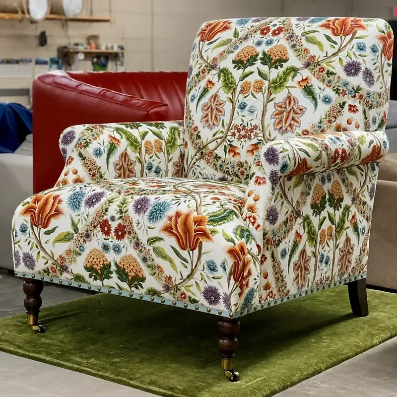 Vintage Printed Solid Wood Sofa Chair Country Floral Single Seat Living Room Fabric Armchair with Rollers