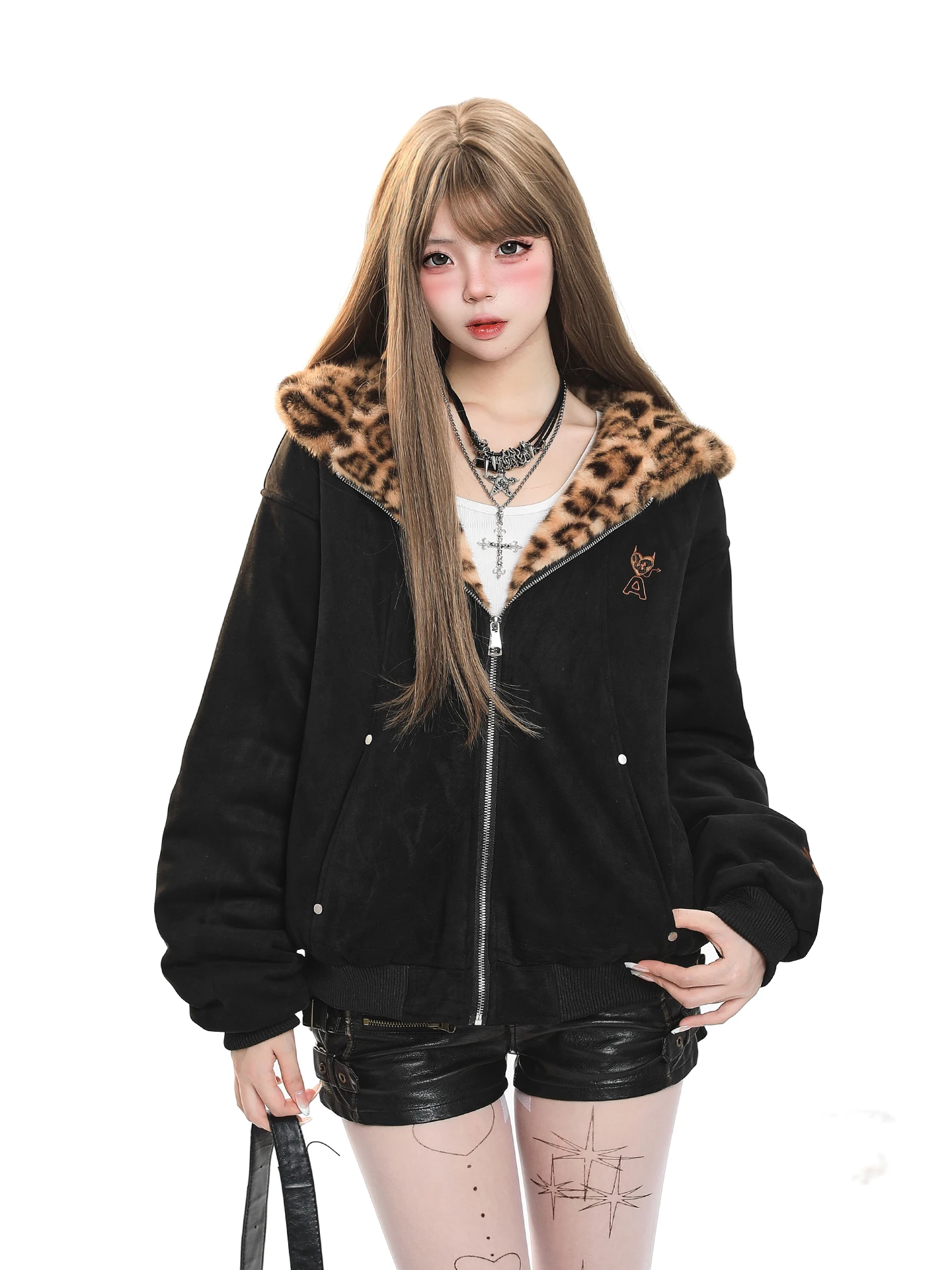 American Style Leopard Print Ear Hooded Cotton Jacket Women's Winter New Loose Inner Fleece Warm Design Sense Cotton Coat