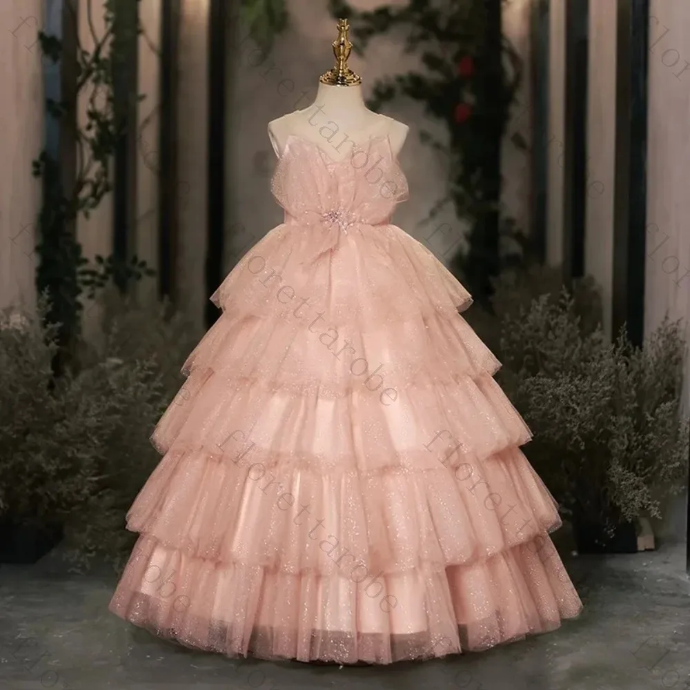 Customized Tiered Cake Dress V Neck Sleeveless Multi Layer Tulle Princess Gown Wedding Flower Girl Birthday Party Pageant Kids
