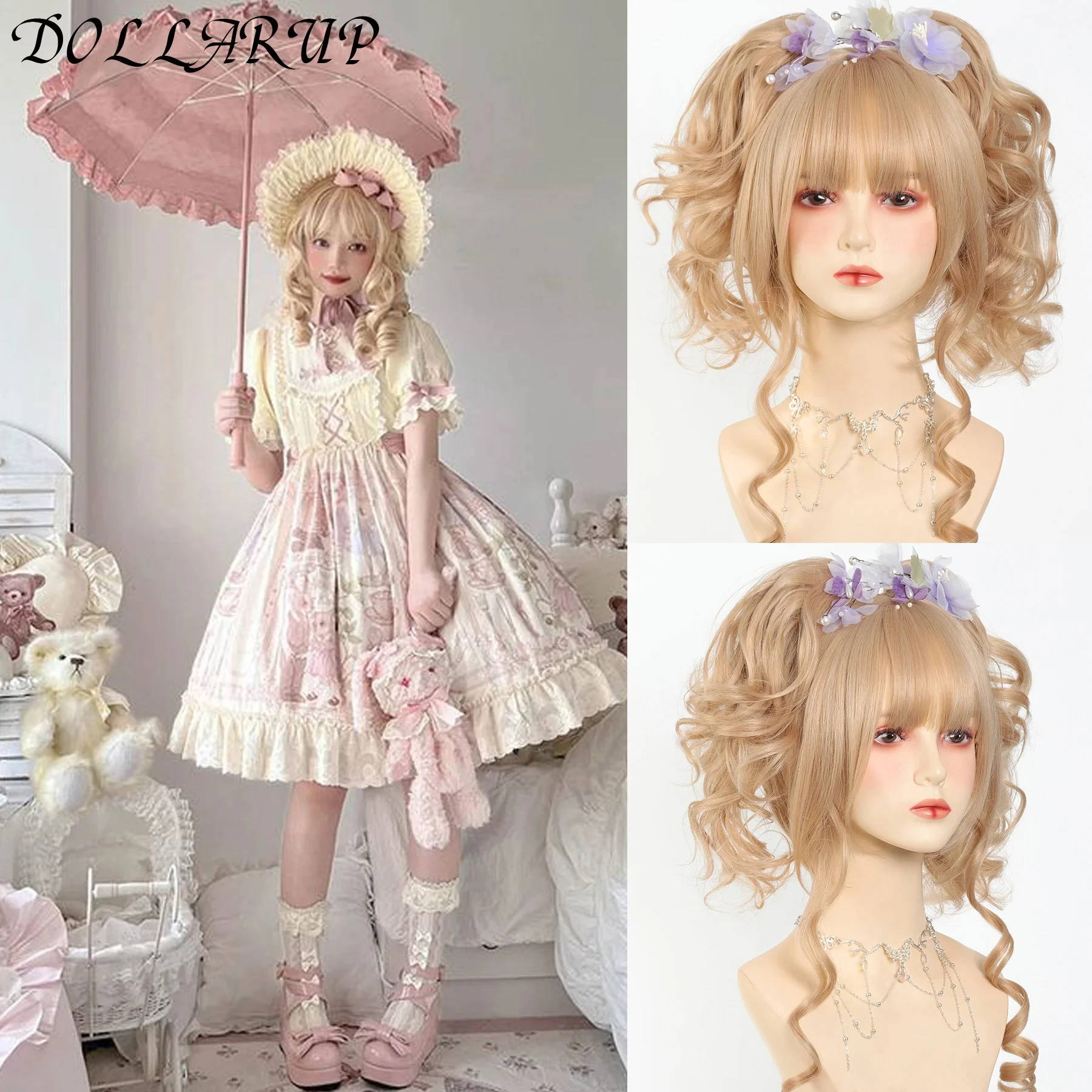 

JKL dual horsetail WIG Roman Curly Synthetic Lolita Curly Hair With Bangs Golden Anime Wig Oberl Woman Party Cosplay Wig