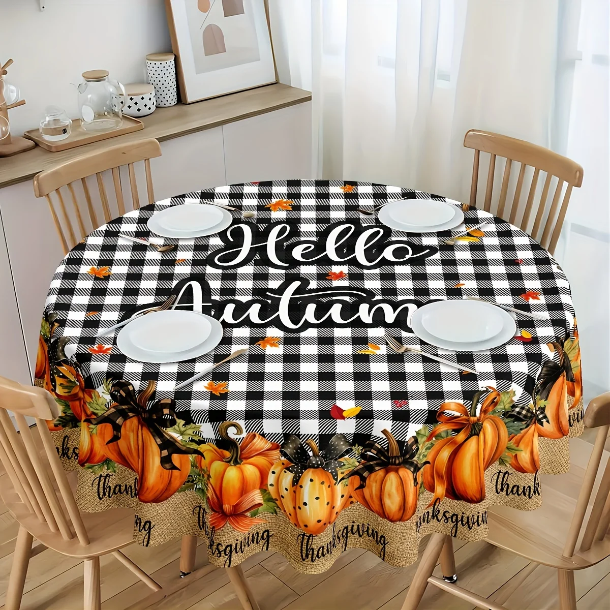 1pc Thanksgiving autumn tablecloth - black and white checkered pattern, featuring vivid pumpkins and maple leaveszyc