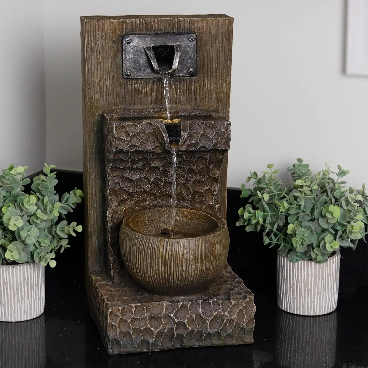 3-Tier Indoor/Outdoor Water Fountain with LED Lights, Cascading Design, 20" Height, Brown