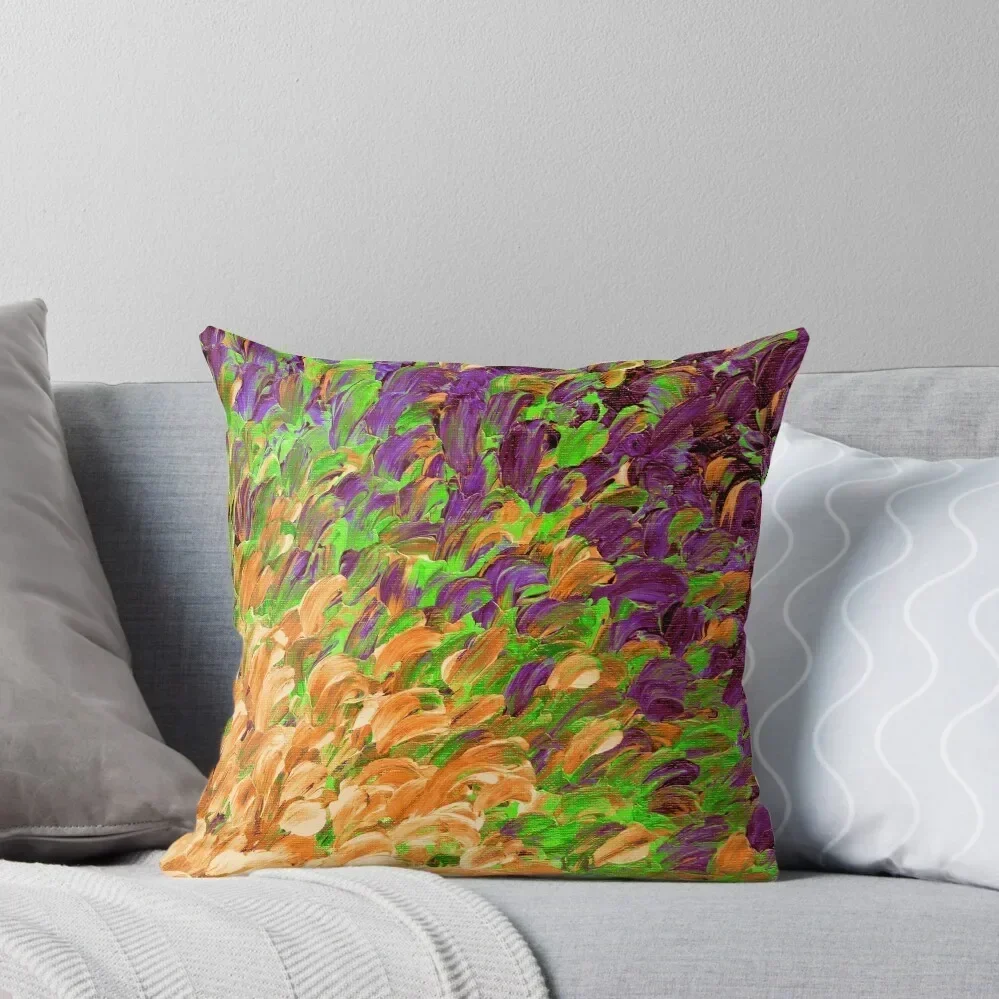 FOLLOW THE CURRENT 3, Bold Colorful Abstract Acrylic Painting Ocean Waves Purple Green Orange Splash Ombre Fine Art Throw Pillow