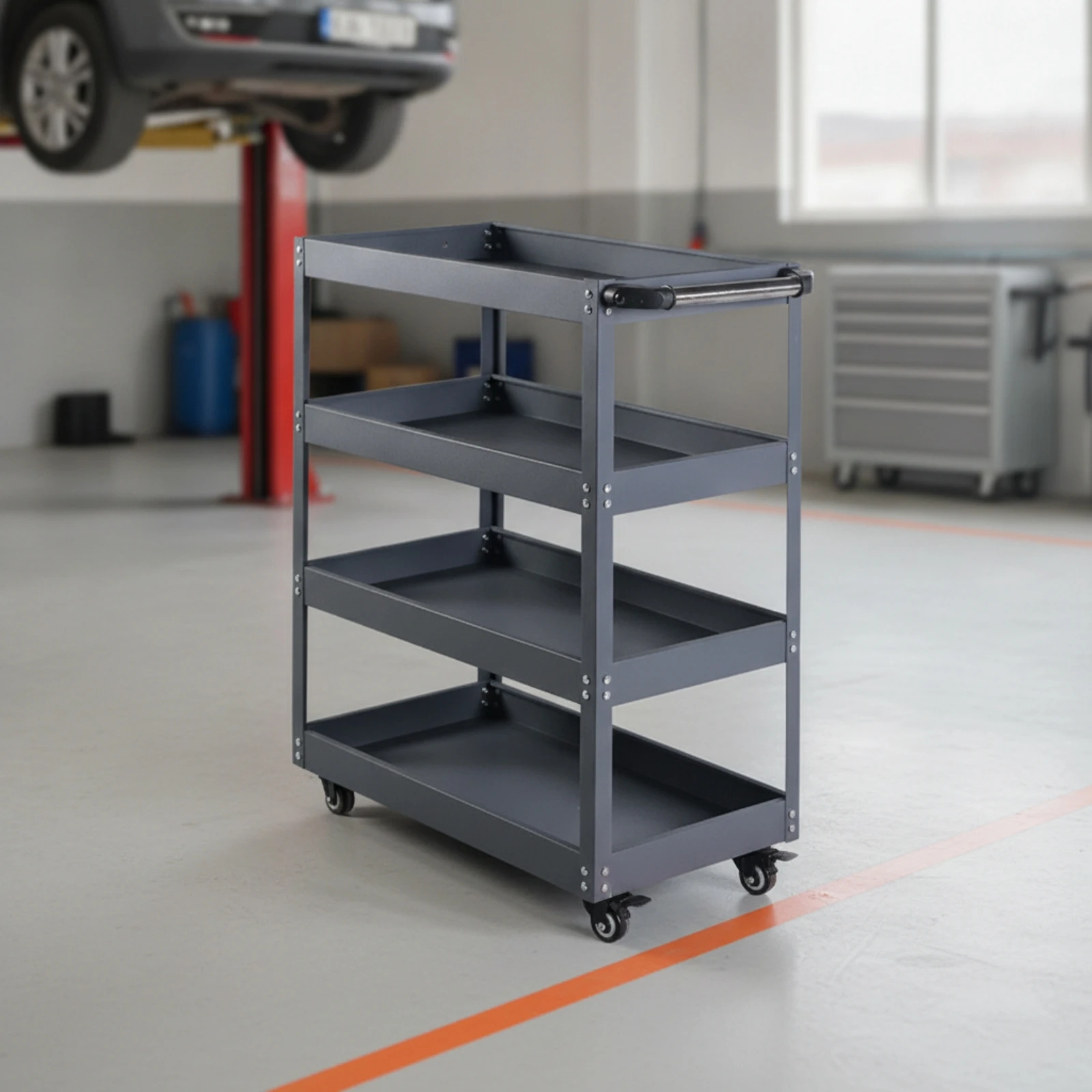 Tools Mechanical Workshop - รถเข็นอเนกประสงค์สี่ชั้น รถเข็นโลหะทนทานพร้อมที่จับ ช่องเก็บของ เฟอร์นิเจอร์แบบพกพา ดีไซน์เพรียวบาง สำหรับช่างซ่อม