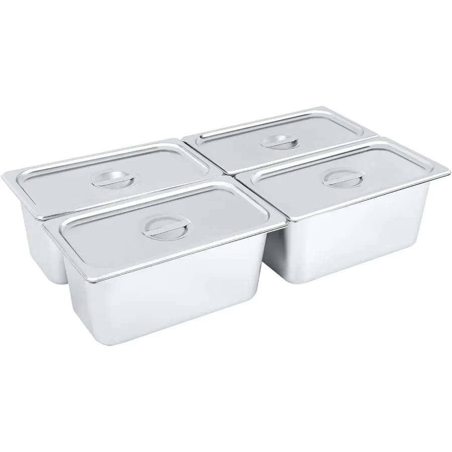 

4 Packs Stainless Steam Hotel Pan with Lid Steam Table Pan 1/3 Size x 6" Deep 12.8 * 6.9 * 6inches 0.35cm Thick Food Serving Pan