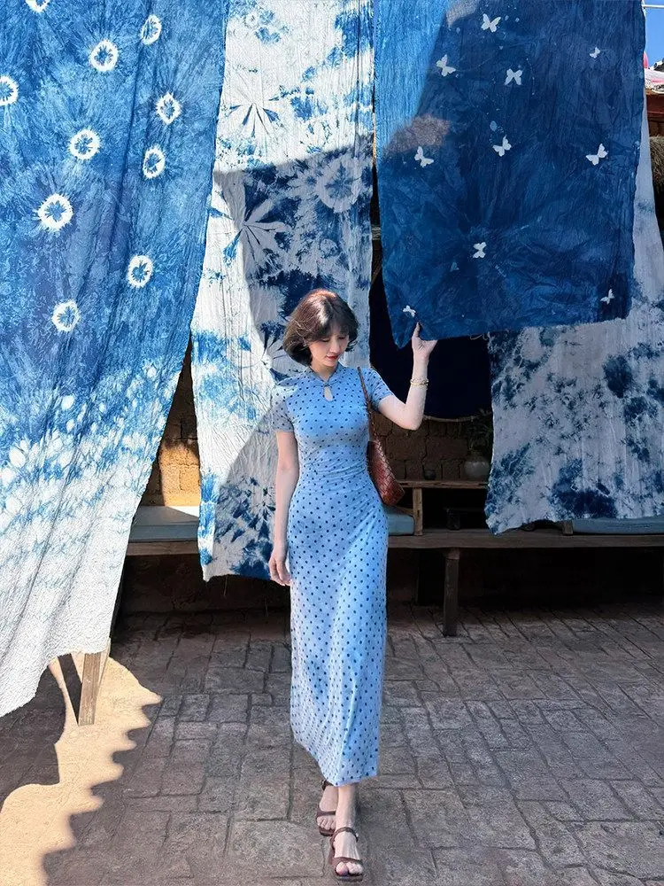 Spring Summer New Women's Summer Slim Fit Blue Dress Modified Cheongsam knee-length Long Dress Chinese Vintage Qipao Dress