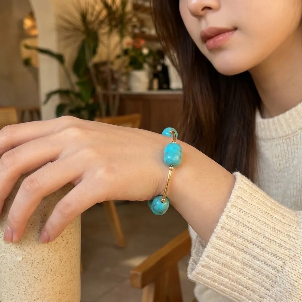 Ethnic Resin Bead Bracelets Multi-Color Marbled Stackable Bangles Irregular Plated Bracelet Set Parties
