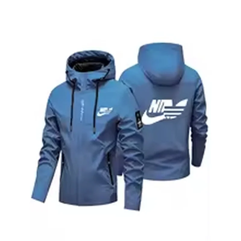 Men Lightweight Hooded Windbreaker Spring Autumn Outdoor Coat Curve Shape Letter Art Back Print Hiking Fishing Casual Jacket