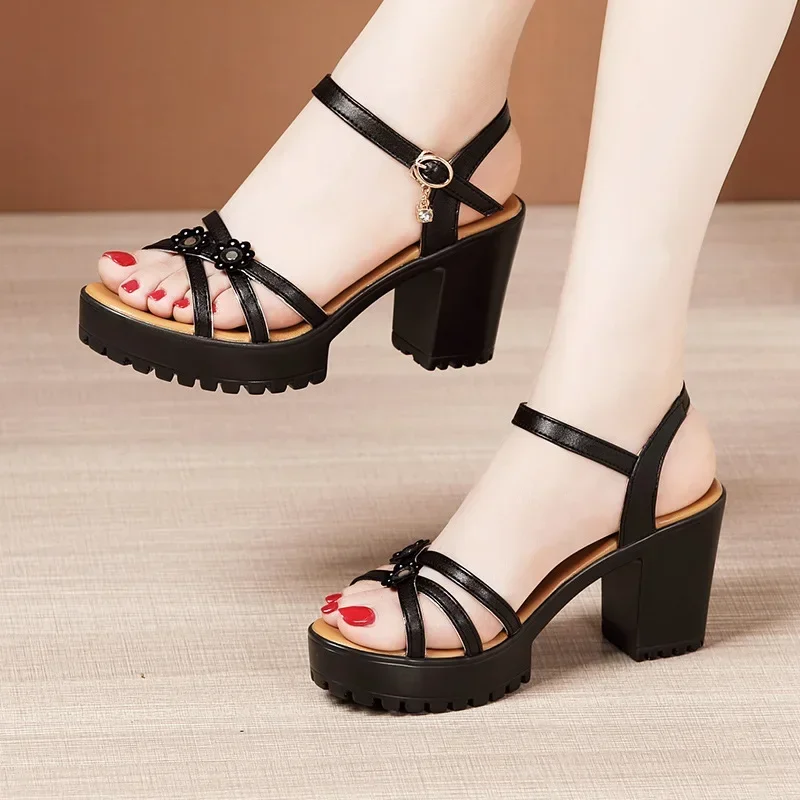 8cm Small Size 32-43 Elegant Floral Soft Leather Shoes Platform Sandals Summer 2024 Block High Heels Sandals for Office Model