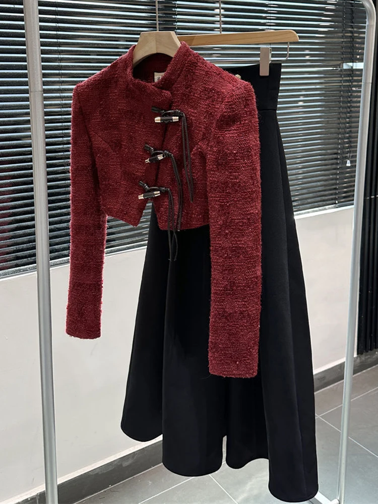 

High Quality Winter Small Fragrance Two Piece Set For Women Short Jacket Coat + Skirt Suits Korean Fashion Sweet 2 Piece Outfits