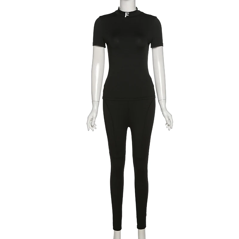 Two Piece Set Casual Simple Women Skinny Short Sleeve Letter Print Top+Sporty Solid Pencil Pants Female Activewear Suits