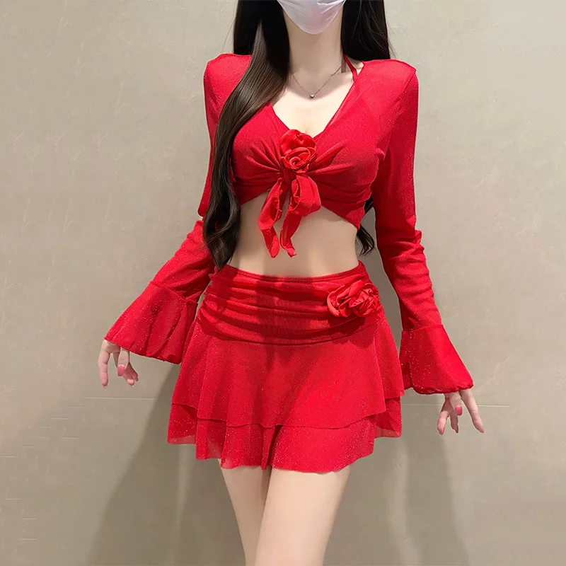 sexy oversize red 3d flower bikinis sets 4pcs with flare sleeve cover smock ruffles mini skirt sweet swimsuits swimwear biquini