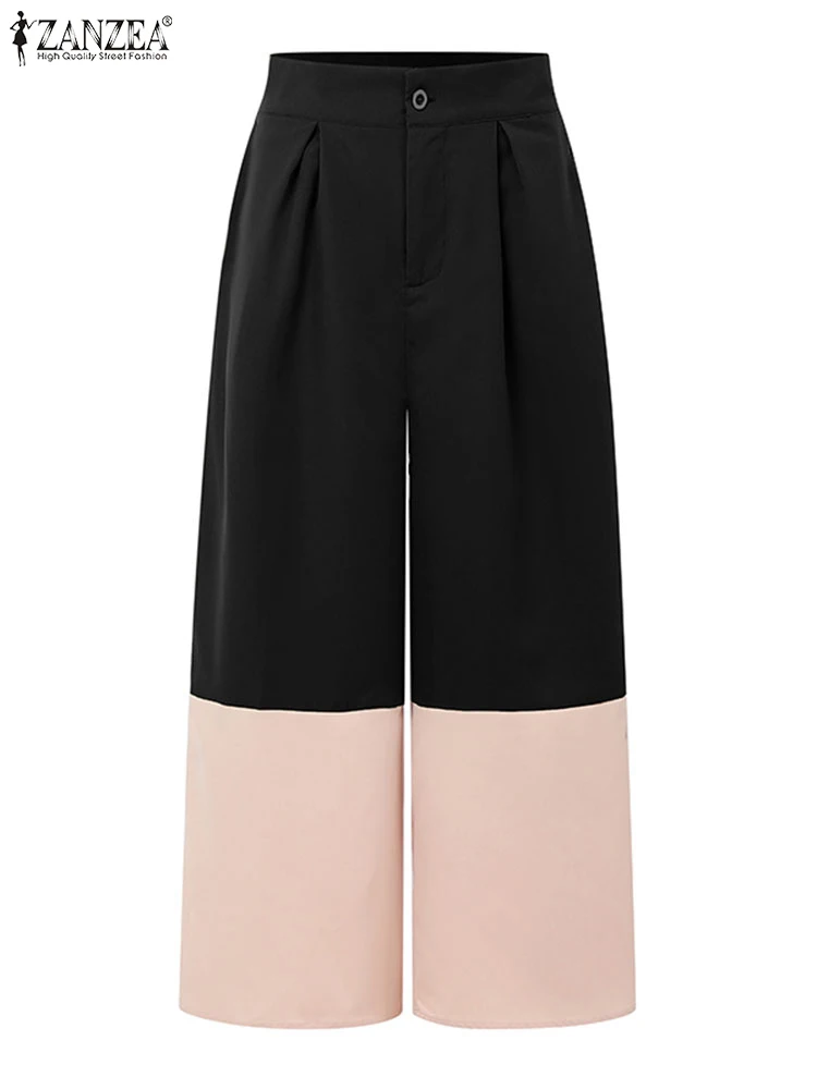 ZANZEA 2025 Fashion Women Long Trousers High Waist Pockets Wide Leg Pants Autumn Casual Color Patchwork Streetwear OL Pantalons