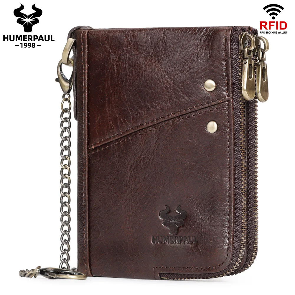 HUMERPAUL Genuine Leather Short Wallet for Men RFID Blocking Credit Card Holder Purse with ID Window Quality Women Money Handbag