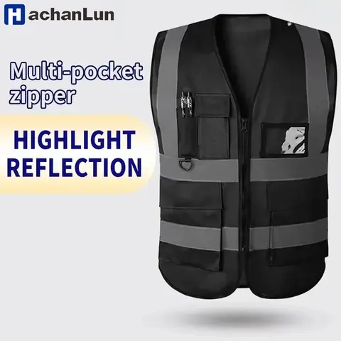 HACHANLUN Black Reflective Vest Vest Reflective Vest Traffic Riding Vest Overalls Multi-pocket Zipper