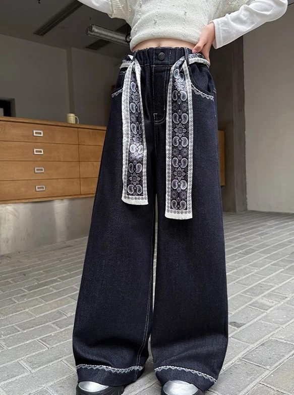 

Брюки для девочек, весенне-осенние корейские версии, ковбойские широкие брюки с кружевным поясом, повседневная повседневная модная универсальная одежда